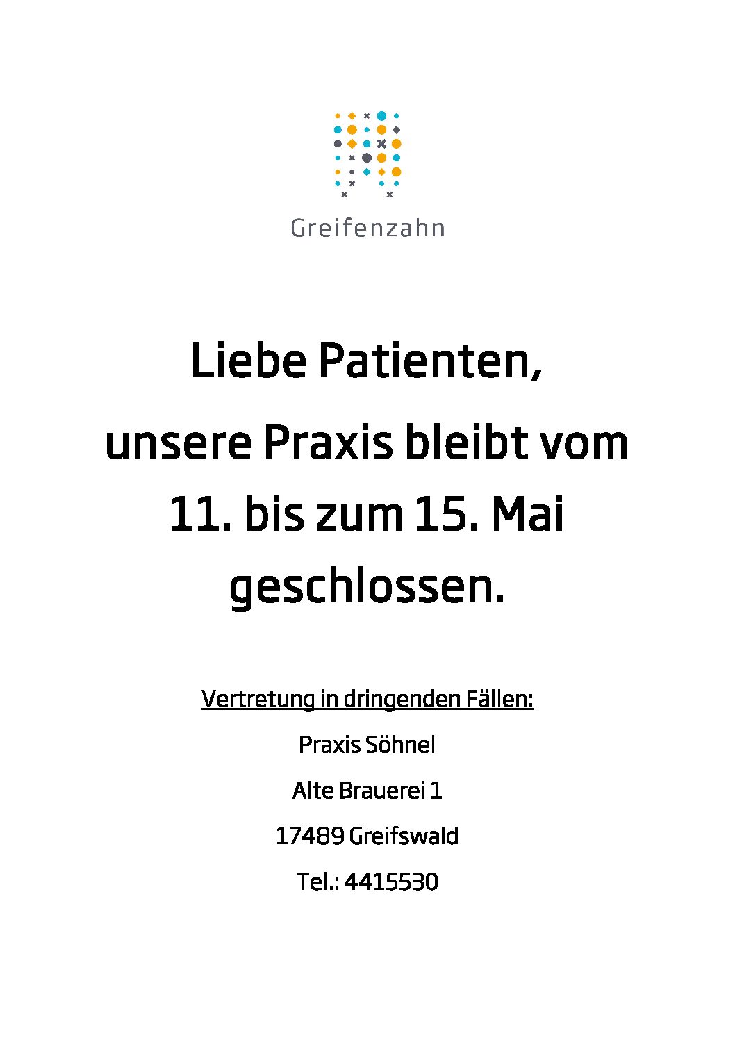 Praxisurlaub vom 11.05.-15.05.2020