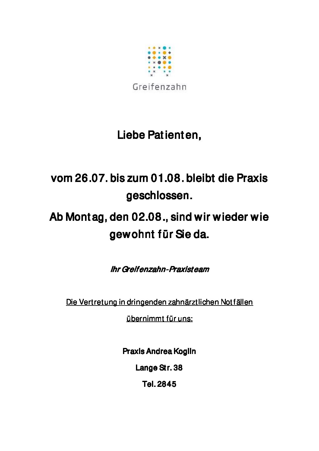 Praxisurlaub vom 26. bis 30. Juli 2021