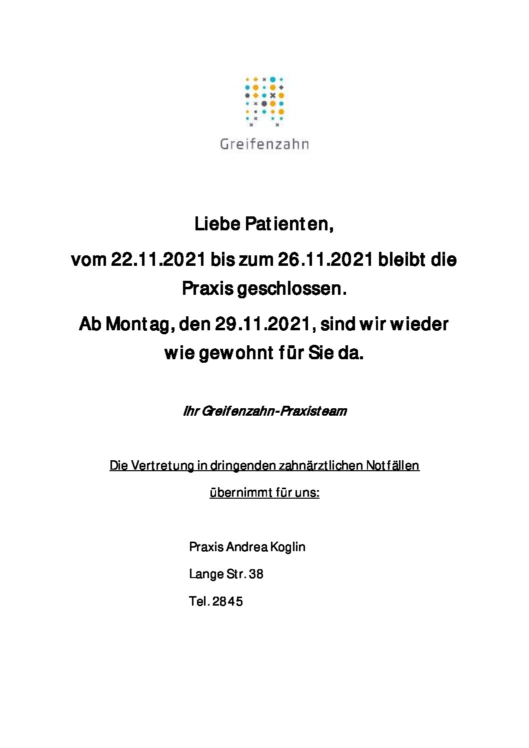 Praxisurlaub vom 22.11. bis 26.11.2021