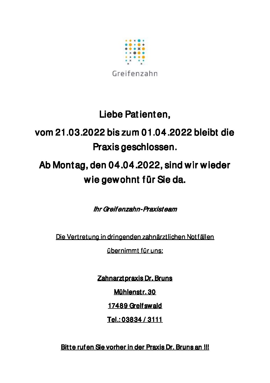 Praxisurlaub vom 21.03.2022 bis 01.04.2022